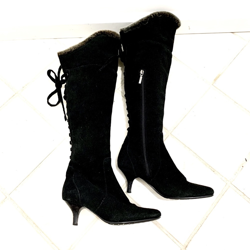 Black suede knee high lace-up heeled boots